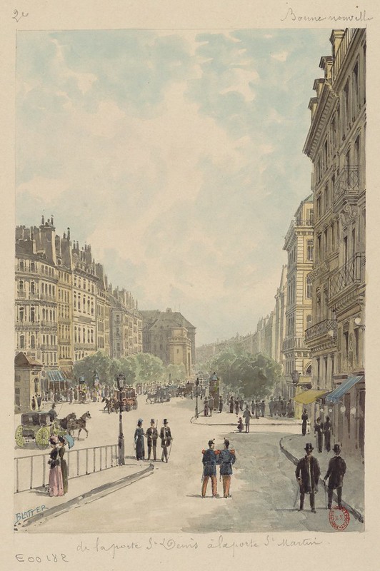 sketch of paris street scene 1880s incl. horses & carriages