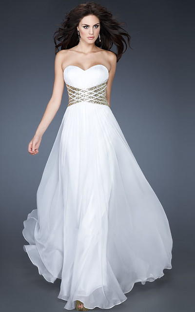 White Strapless Sweetheart Gold Sequin Waist Long Dress La Femme 18558