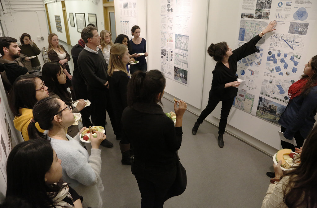 AAP NYC fall 2015 M.R.P./M.L.A. summary presentations in 101 West Sibley Hall and West Sibley Exhibition hallway.