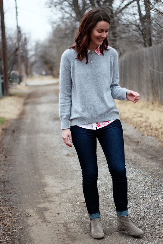 gray-sweater-floral-button-down-jeans
