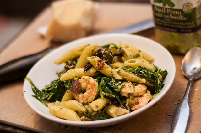 penne with roasted brussels sprouts, greens, shrimp and pesto