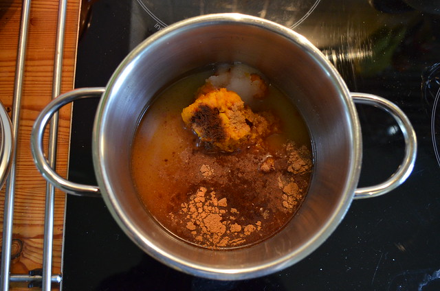 Pumpkin spice syrup into the pan