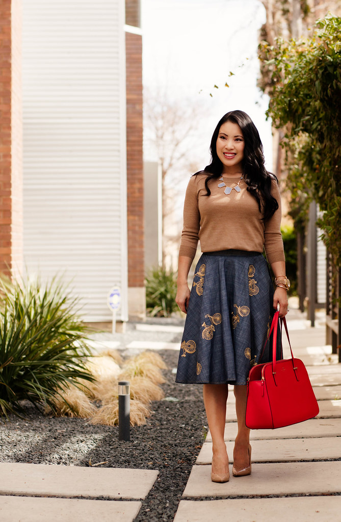cute & little blog | eshakti bicycle chambray full skirt, house of harlow blue necklace, jcrew charley camel sweater, kate spade cedar street elissa red bag outfit