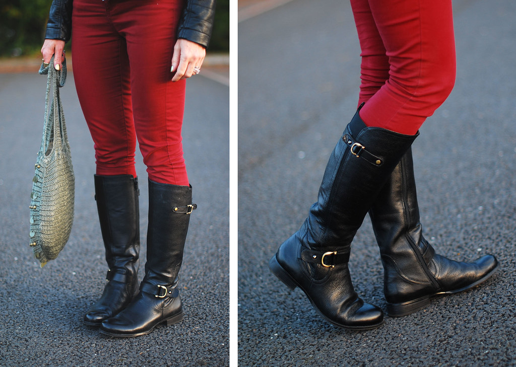 Black riding boots & red skinnies