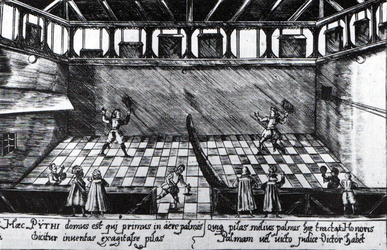 Copper engraving of a tennis game at the College Illustre (university) of Tübingen, Germany