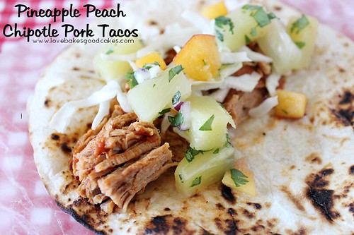 Pineapple Peach Chipotle Pork Tacos with Pineapple Peach Salsa close up.