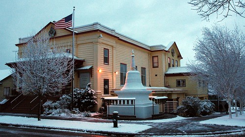 Sakya Monastery, Parinirvana Stupa, prayer wheels, in the snow, American flag, Greenwood, Seattle, Washington, USA by Wonderlane