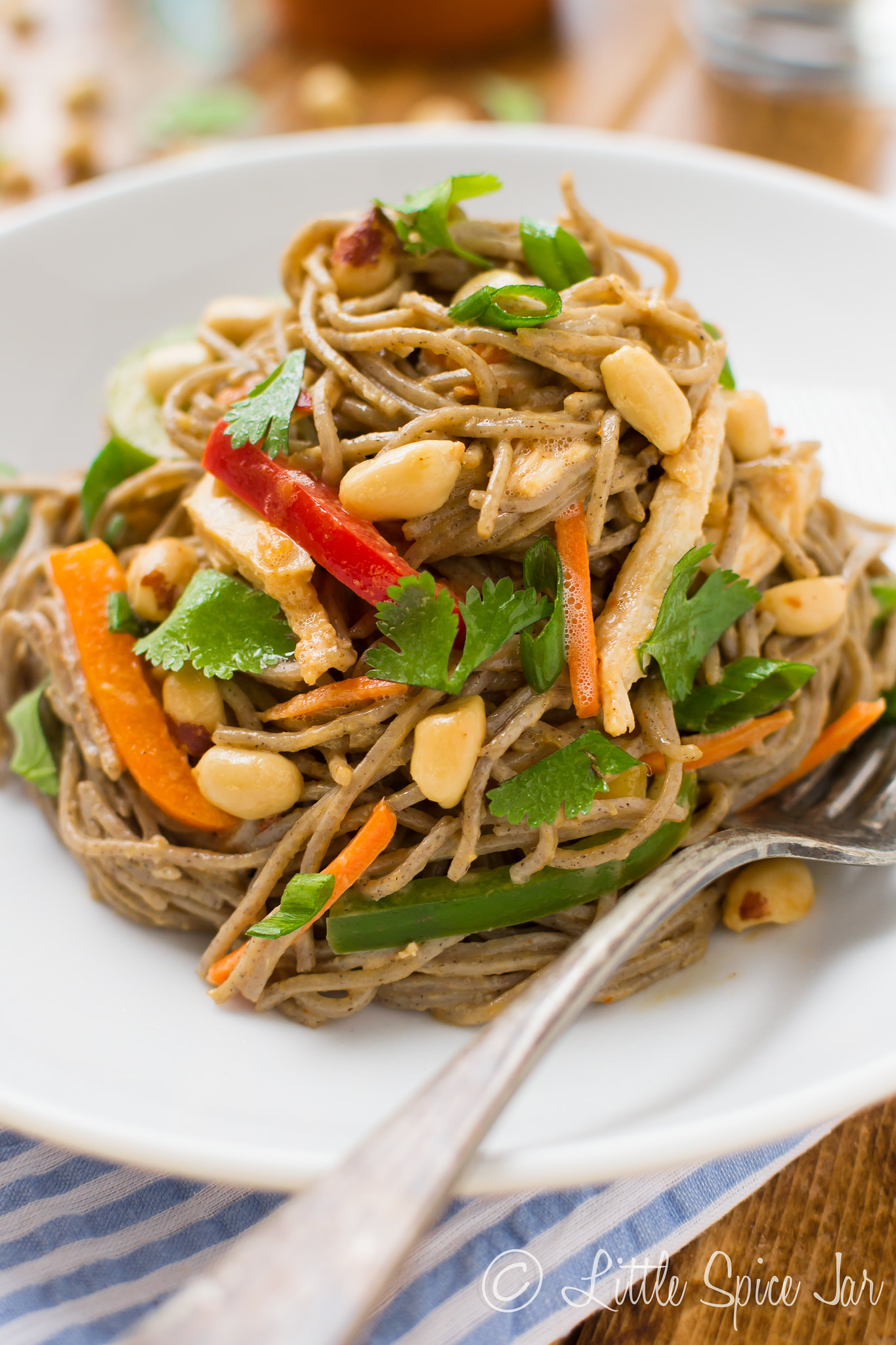 swirled peanut soba noodle salad on white plate with fork