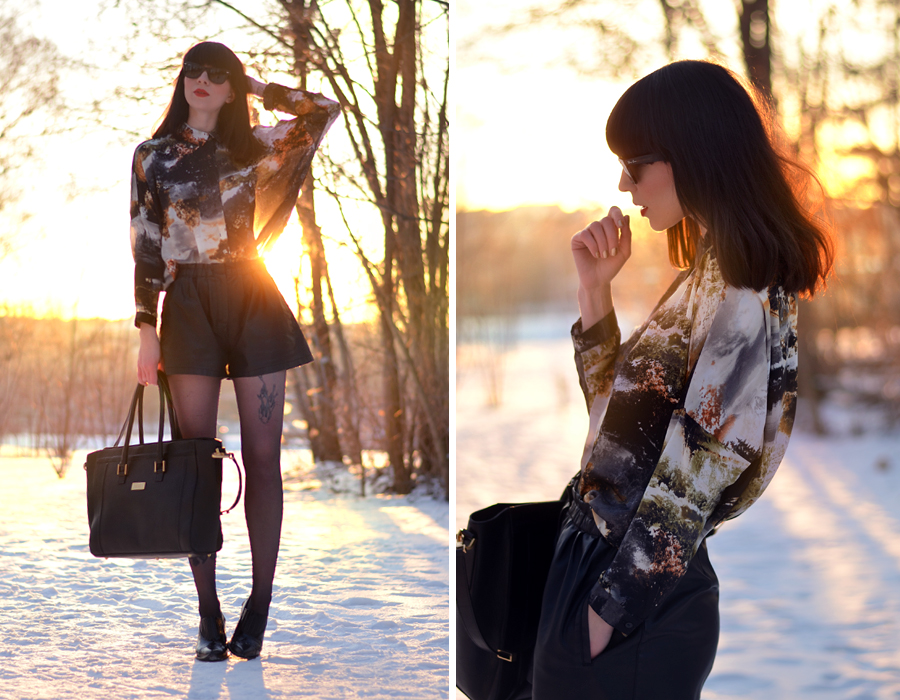 Fabros bag Mango shirt Zara shorts Topshop boots snow sunset CATS & DOGS fashion blog Berlin 4