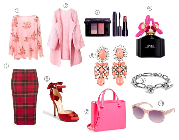 Valentines Day ideas, pink sweater, pink sweater coat, red plaid skirt, red heels, pink bag