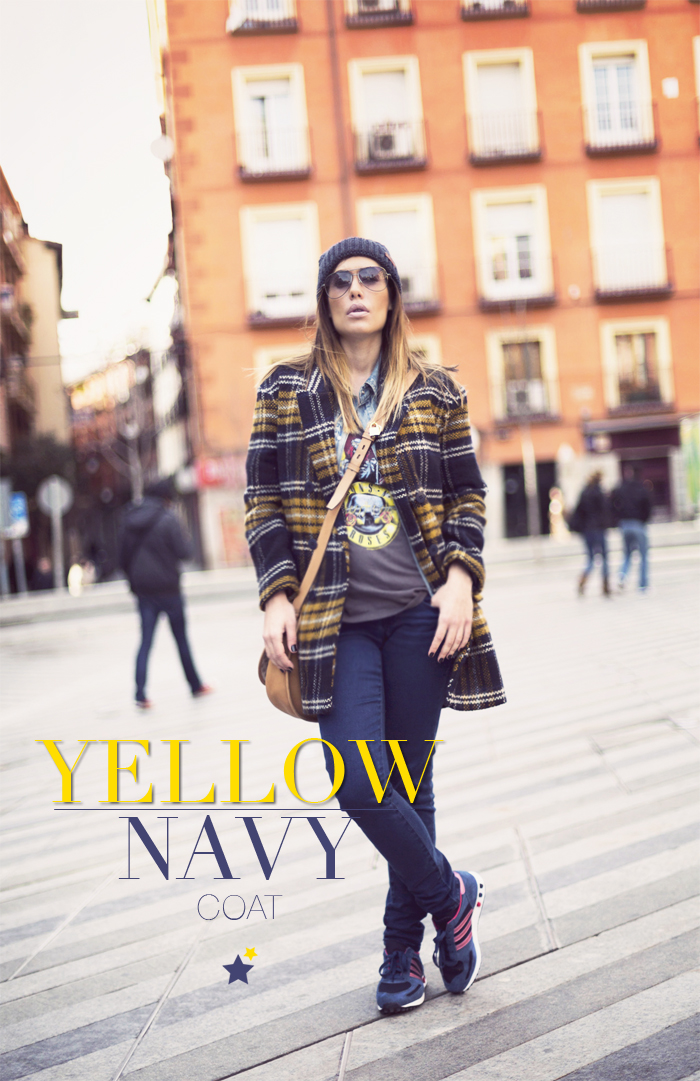 street style barbara crespo navy yellow coat sheinside adidas sneakers fashion blogger outfit blog de moda