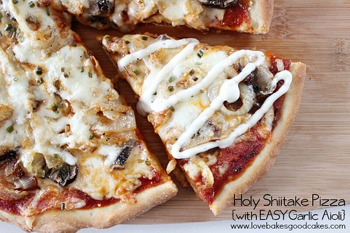 Copycat Holy Shiitake Pizza {with EASY Garlic Aioli} slice removed.