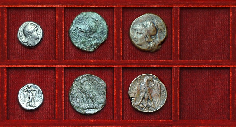 RRC 022 Diana Victory didrachm, RRC 23 Minerva Eagle bronzes, Ahala collection coins of the Roman Republic