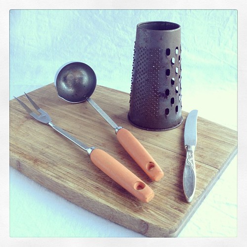#oppshopobsession 1 of 2 - fork, ladle & board - church sale Port Macquarie; grater -old wares shop somewhere on North Coast Pacific Hwy; knife - Byron Bay