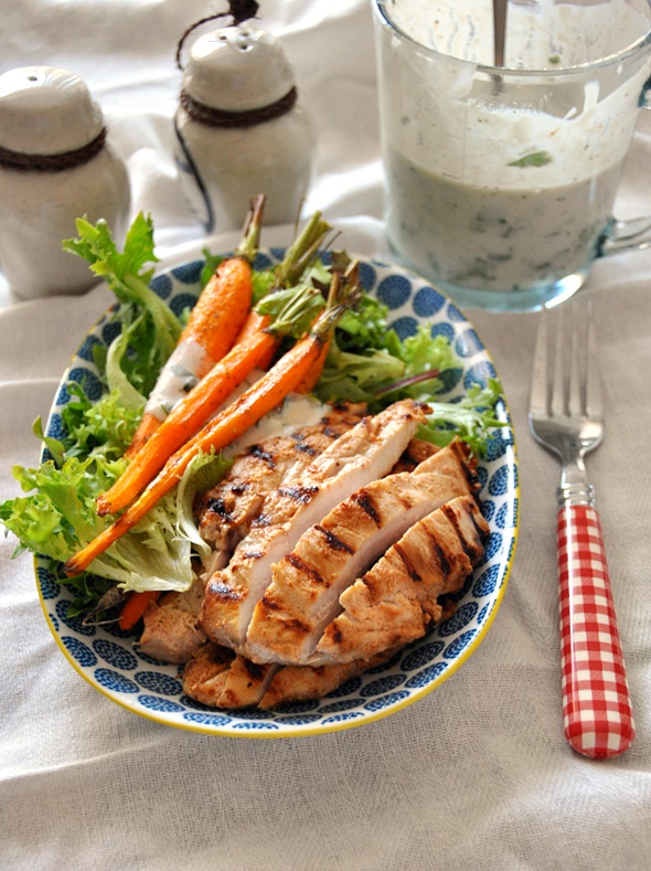 Grilled Garlic & Buttermilk Chicken Salad with Buttermilk & Tahini Dressing | www.fussfreecooking.com