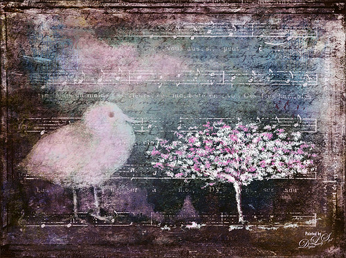 Image of a painted cherry tree and chicken done in Photoshop and Corel Painter