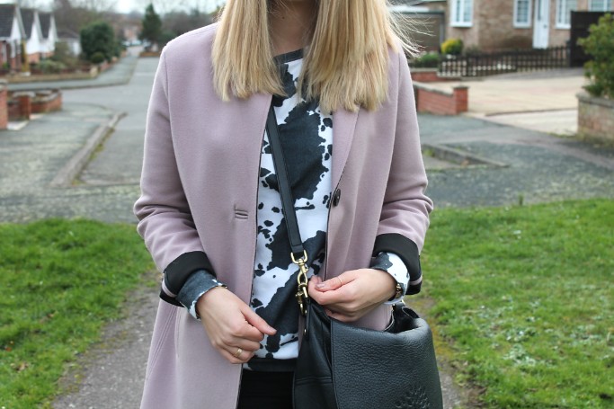 ASOS cow sweater and topshop coat