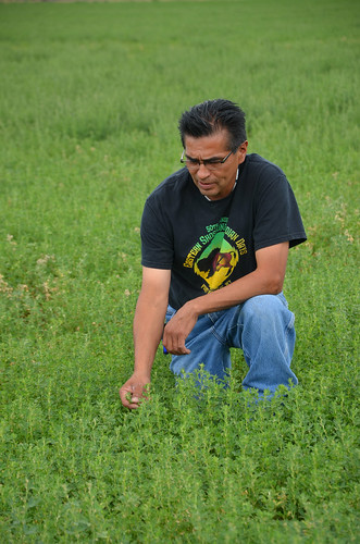 Reggie Premo, Shoshone-Paiute Tribal member, utilizes conservation practices such as land leveling and water irrigation pipeline on his commercial alfalfa fields. He obtained some financial assistance on these practices through the USDA StrikeForce for Rural Growth and Opportunity. USDA photo.