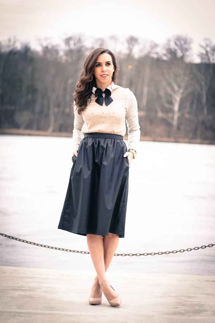 va darling. dc blogger. virginia personal style blogger. faux leather midi skirt. beaded sweater. women's bow tie. nude pumps. 1