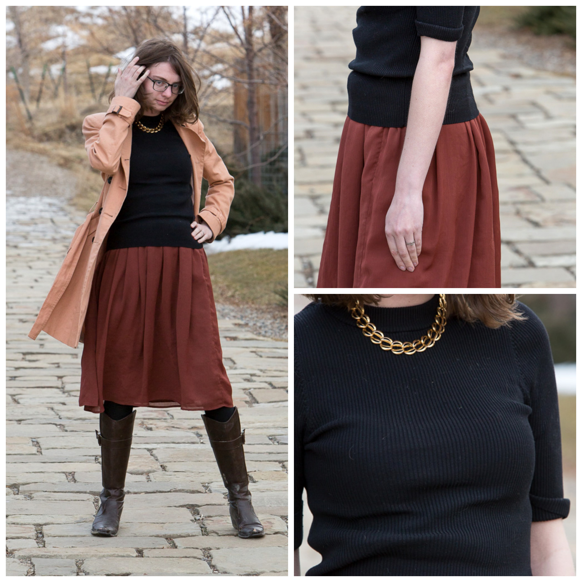 trench coat, brown, black, outfit, skirt, sweater, Never fully dressed, withoutastyle, wyoming, 