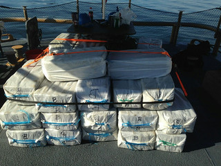 Coast Guard, U.S. Customs and Border Protection (CBP) and U.S. Immigration and Customs Enforcement's (ICE) Homeland Security Investigations (HSI) authorities disrupted a maritime illegal drug shipment Nov. 8, seizing 54 bales of cocaine, weighing 3,306 pounds, in the Caribbean Sea. Federal law enforcement authorities in support of Caribbean Border Interagency Group's (CBIG) Operation Caribbean Guard, coordinated efforts to disrupt and seize this drug shipment estimated to have a street value of over $38 million dollars. U.S. Coast Guard photo.