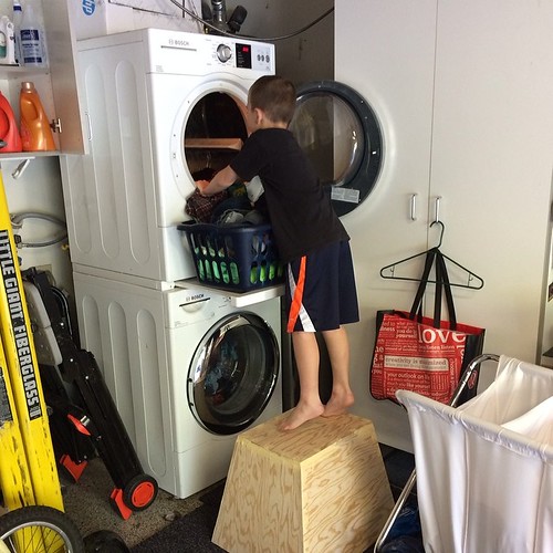 I gave the husband a chore list the other day. I got this picture sent to me later that day. Child labor. I like that he is using a pylo box to access the dryer. I heart my @boschhomeus washer and dryer! #childlabor #crossfitkid