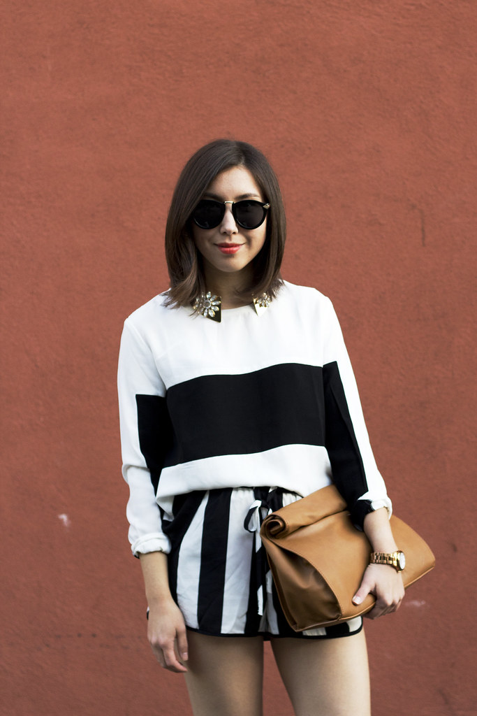 stripes, dolphin hem shorts, black and white outfit, how to style stripes, pattern mixing, san francisco fashion, style blog, collar necklace, sheinside striped blouse, forever21 striped shorts, zara basic messenger, paper bag clutch
