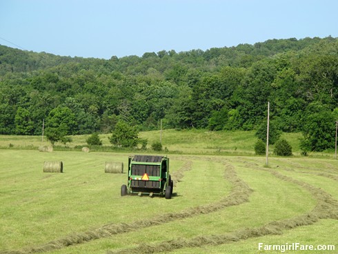 (30-4) Yep, we've crossed over to the round side with a 25-year-old, new (last year) to us small John Deere round hay baler - FarmgirlFare.com
