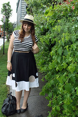 Straw & Stripes outfit: striped Gap t-shirt, vintage circle skirt, quilted Modcloth flats, straw fedora
