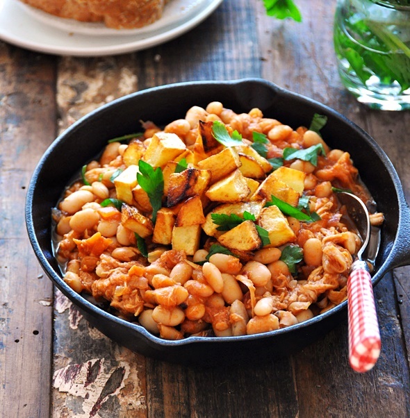 Baked Beans with Crispy Potato Croutons & Roast Chicken Recipe | www.fussfreecooking.com
