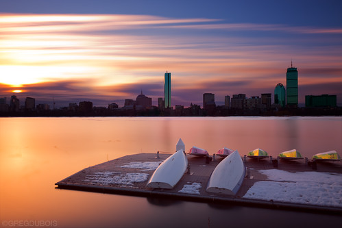 Sunrise over Boston Skyline, Charles River, and Boat Docks from Cambridge, MA by Greg DuBois Photography
