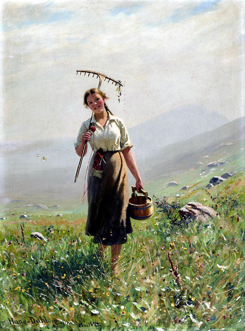 A Young Woman in the Meadow by Hans Dahl, 1894