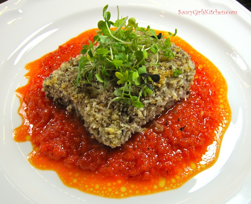 pecan crusted mahi with roasted red pepper coulis. recipe link: http://www.saucygirlskitchen.com/2013/12/02/pecan-crusted-mahi-with-roasted-red-pepper-coulis/ [flickr]