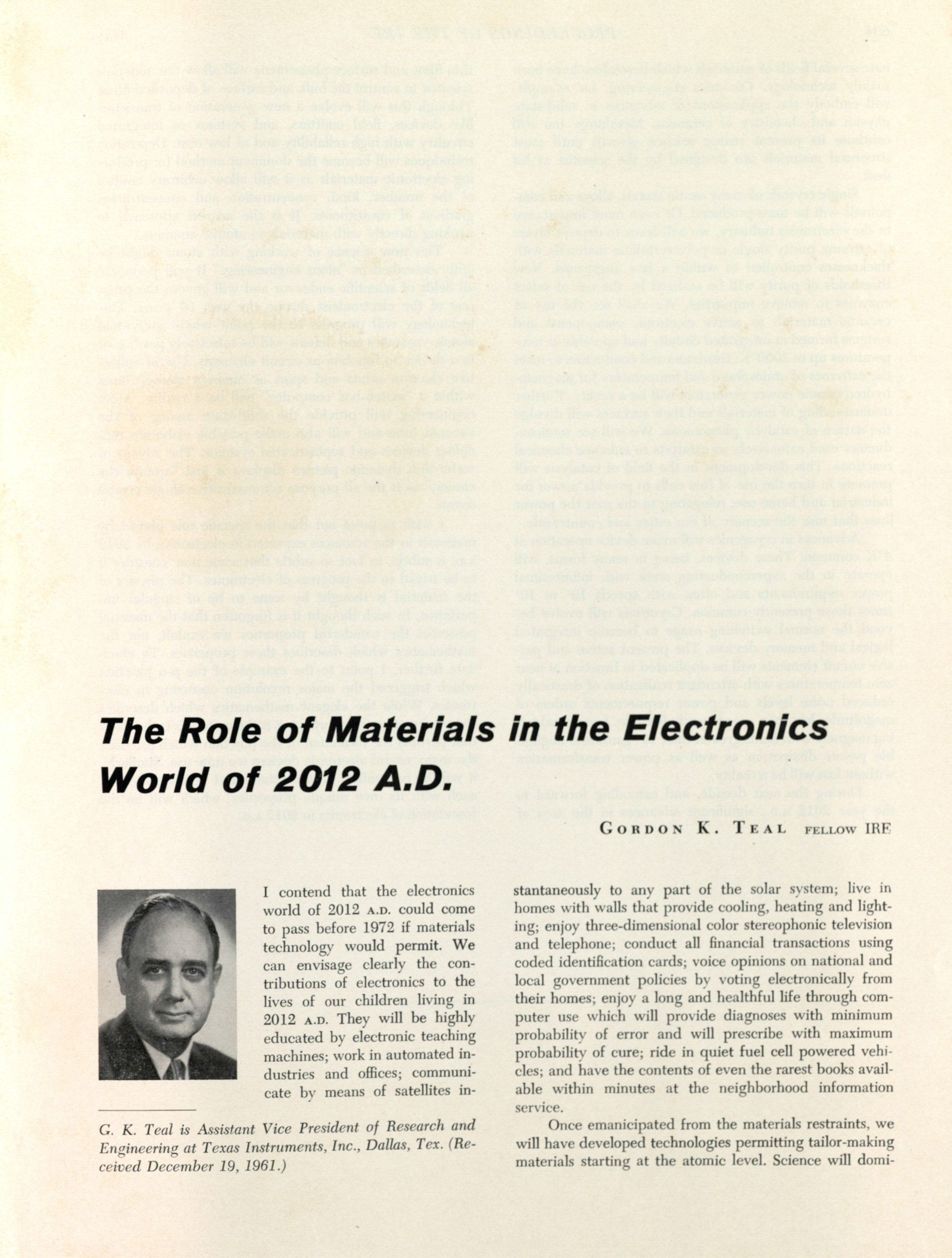 Gordon Kidd Teal: "The Role of Materials in the Electronics World of 2012 A.D., written 1962