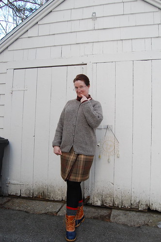 Knitted cardigan, socks; upcycled skirt
