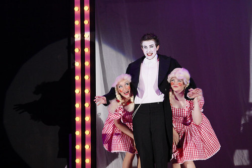 Ruairidh Holwill (Emcee) with Gabriella Morris and Gina Niven (Two Ladies) in George Watson's production of Cabaret. Photo © Fiona MacFarlane