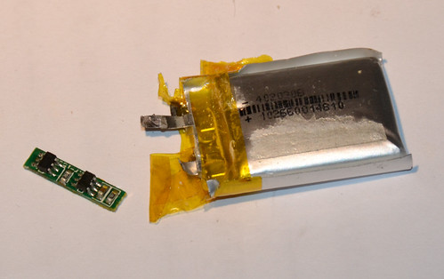 Small and dead LiPo battery with the protection circuit.