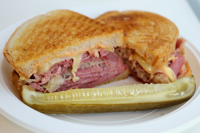 Pastrami, Swiss cheese, coleslaw and Russian dressing on grilled rye