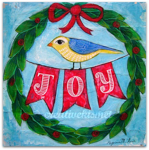 Joy Christmas wreath with bird by Regina Lord