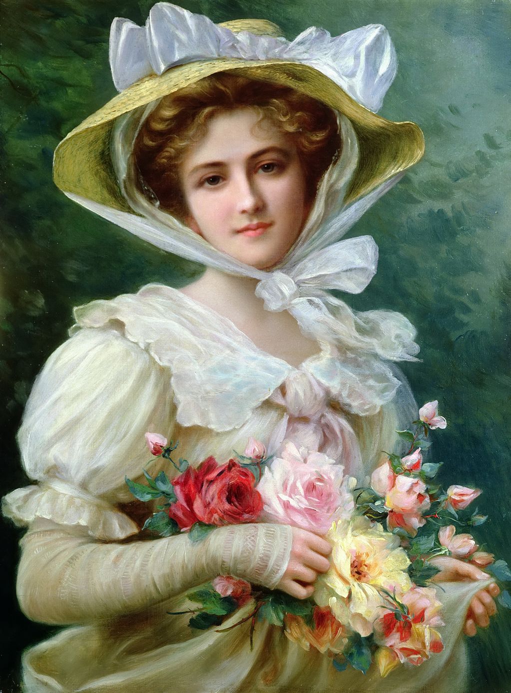 Elegant Lady with a Bouquet of Roses by Emile Vernon, Date unknown