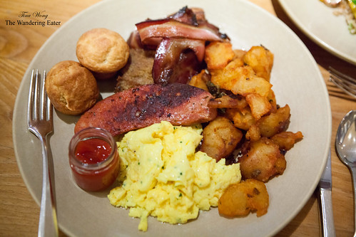 Butcher Shop Brunch: Smoky Kielbasa, Country Bacon, Scrapple, Potatoes, Biscuit, and Scrambled Eggs
