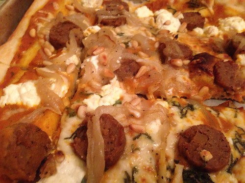 Pumpkin Pizza with Carmelized Onion, Sage, Toasted Pine Nuts, Ricotta, Fontina and Veggie Sausage