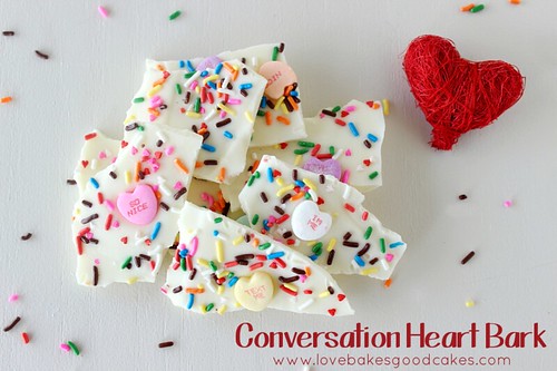 Conversation Heart Bark pieces close up with rainbow sprinkles.