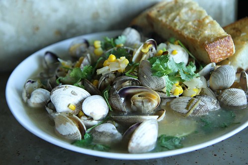 Mexican Beer Steamed Clams with Corn, Jalapeno and Cilantro