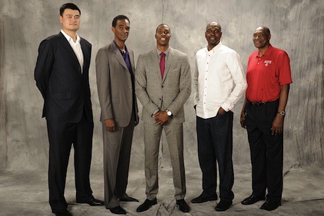 July 13, 2013 - Yao Ming pictured with former Rocket big men Ralph Sampson, Hakeem Olajuwon and Elvin Hayes with Dwight Howard at center