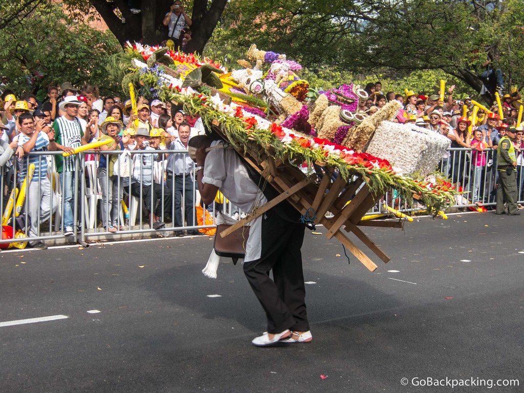 The overall winner of the 2013 competition performs a 360-degree turn to show off his winning silleta (flower arrangement)