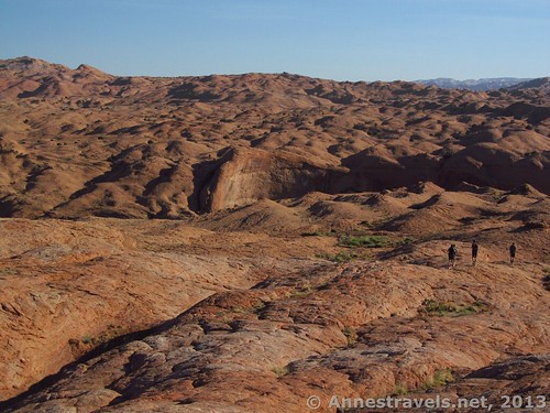Hiking down the slickrock - the deep shadows indicate where Coyote Gulch is, and the large fin to the left of center is Jacob Hamblin Arch. Grand Staircase-Escalante National Monument, Utah
