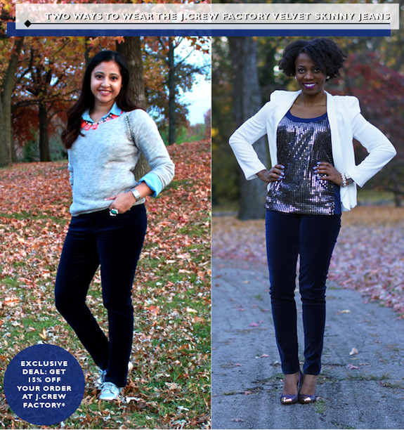 Two Ways to Wear JCrew Factory Velvet Skinny Jean collage
