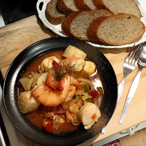Market bouillabaise thanks to quick grocery run @wfmsquareone after work. Scallops, cod, shrimps.