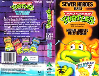 TEMPO VIDEO ::  "TEENAGE MUTANT HERO TURTLES" 'SEWER HEROES' SERIES - "MICHAELANGELO MEETS BUGMAN" ..U.K. VHS sleeve (( 1994 ))  [[ Courtesy of HERO ]]